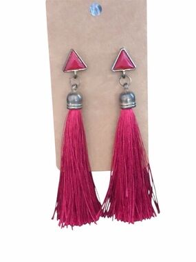 Bohemian Fuchsia Pink Long Tassel Drop Earrings - Triangle Studs